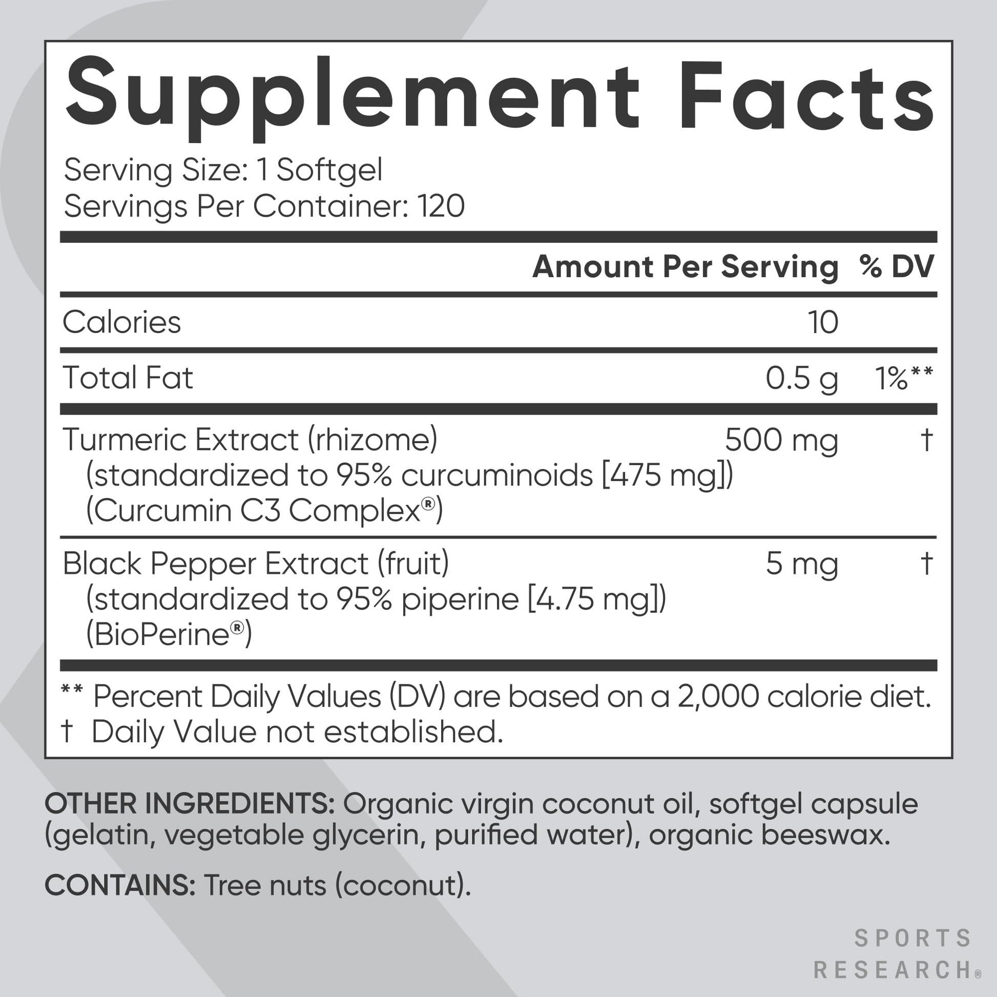 Sports Research® Turmeric Curcumin C3 Complex® w/BioPerine Black Pepper Extract & Organic Coconut Oil - Standardized 95% Curcuminoids · Non-GMO · Gluten Free - 120 Count Softgels - dailyvitalstore