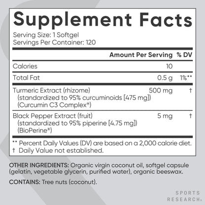 Sports Research® Turmeric Curcumin C3 Complex® w/BioPerine Black Pepper Extract & Organic Coconut Oil - Standardized 95% Curcuminoids · Non-GMO · Gluten Free - 120 Count Softgels - dailyvitalstore
