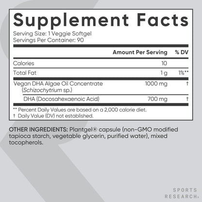 Sports Research® Vegan DHA 700mg - Cognitive Support, Brain Support, Supplement with Omega-3 DHA from Algae Oil - Vegan Certified · Non-GMO · Gluten Free - 90 Count Softgels - dailyvitalstore