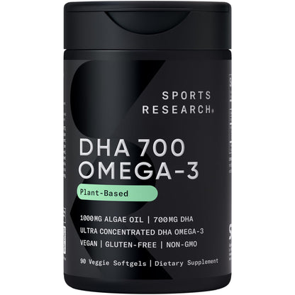 Sports Research® Vegan DHA 700mg - Cognitive Support, Brain Support, Supplement with Omega-3 DHA from Algae Oil - Vegan Certified · Non-GMO · Gluten Free - 90 Count Softgels - dailyvitalstore