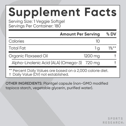 Sports Research® Vegan Flaxseed Oil (1200mg) Herbal Supplement with Plant-Based ALA Omega 3 - Vegan Certified & Non-GMO Verified - Gluten, Soy & Carrageenan Free (180 Veggie Softgels) - dailyvitalstore