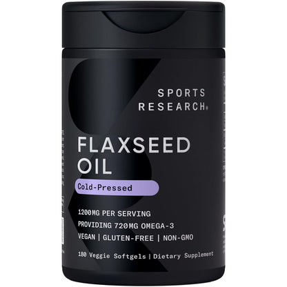 Sports Research® Vegan Flaxseed Oil (1200mg) Herbal Supplement with Plant-Based ALA Omega 3 - Vegan Certified & Non-GMO Verified - Gluten, Soy & Carrageenan Free (180 Veggie Softgels) - dailyvitalstore