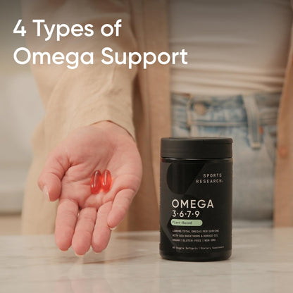 Sports Research® Vegan Omega 3-6-7-9 - 1200 mg of Multi-Spectrum Omega Fatty Acids Certified Non-GMO Formula with Sea Buckthorn & Borage Oil - 90 Veggie Softgels - dailyvitalstore