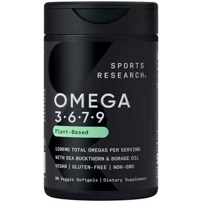 Sports Research® Vegan Omega 3-6-7-9 - 1200 mg of Multi-Spectrum Omega Fatty Acids Certified Non-GMO Formula with Sea Buckthorn & Borage Oil - 90 Veggie Softgels - dailyvitalstore