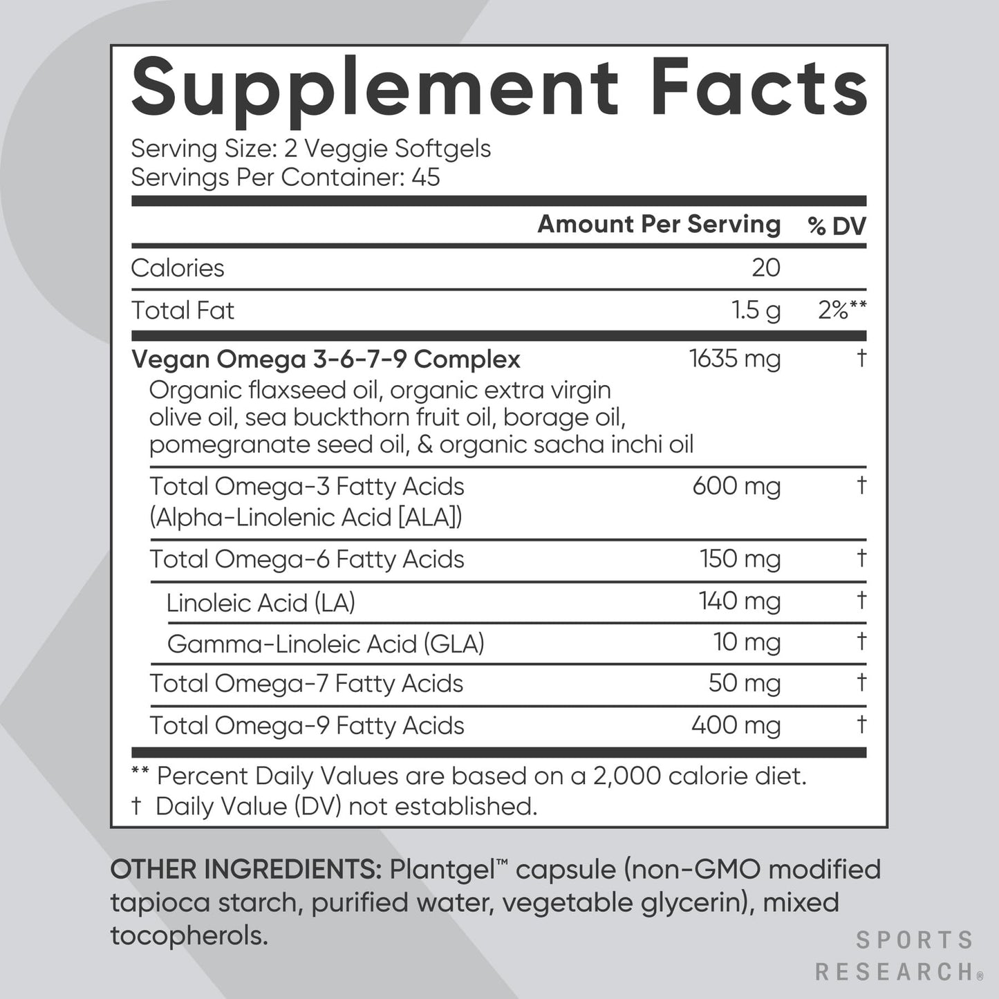 Sports Research® Vegan Omega 3-6-7-9 - 1200 mg of Multi-Spectrum Omega Fatty Acids Certified Non-GMO Formula with Sea Buckthorn & Borage Oil - 90 Veggie Softgels - dailyvitalstore