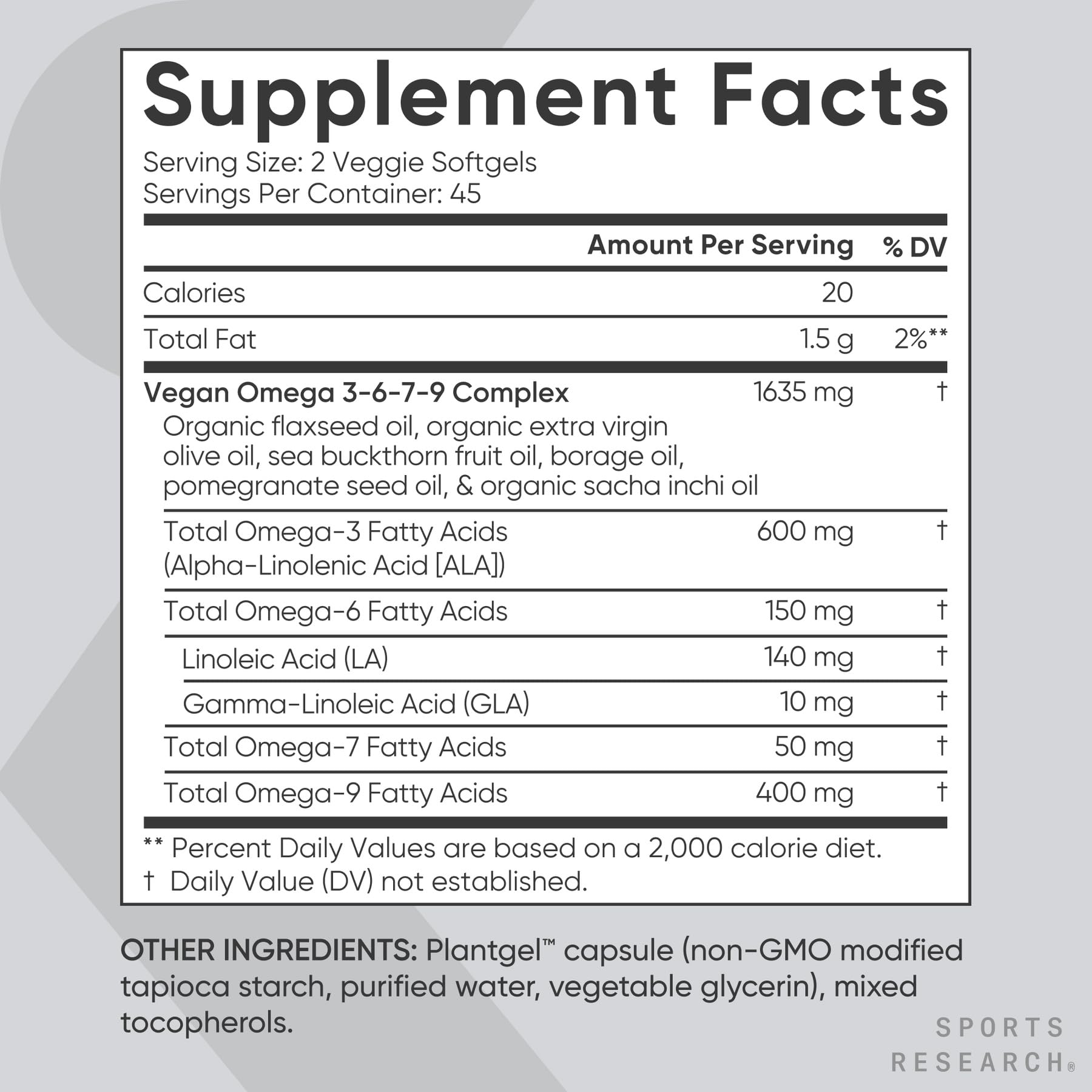 Sports Research® Vegan Omega 3-6-7-9 - 1200 mg of Multi-Spectrum Omega Fatty Acids Certified Non-GMO Formula with Sea Buckthorn & Borage Oil - 90 Veggie Softgels - dailyvitalstore