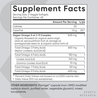 Sports Research® Vegan Omega 3-6-7-9 - 1200 mg of Multi-Spectrum Omega Fatty Acids Certified Non-GMO Formula with Sea Buckthorn & Borage Oil - 90 Veggie Softgels - dailyvitalstore