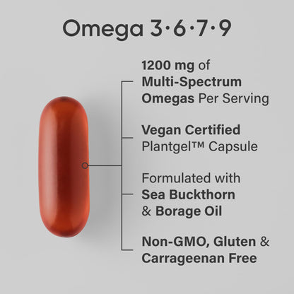 Sports Research® Vegan Omega 3-6-7-9 - 1200 mg of Multi-Spectrum Omega Fatty Acids Certified Non-GMO Formula with Sea Buckthorn & Borage Oil - 90 Veggie Softgels - dailyvitalstore