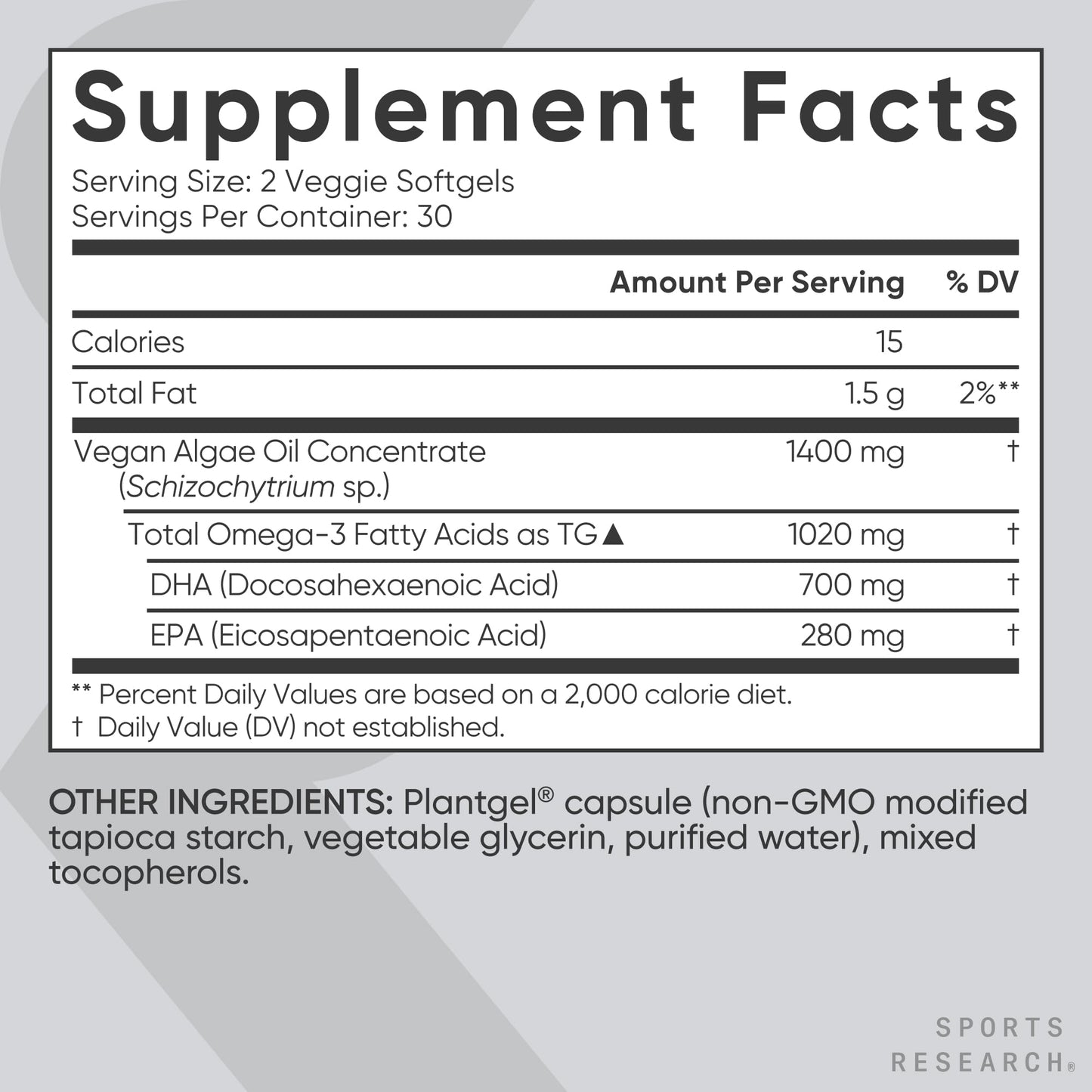 Sports Research Vegan Omega-3 Fish Oil Alternative from Algae Oil - Highest Levels of Vegan DHA & EPA Fatty Acids | Non-GMO Tested & Vegan Certified - 60 Veggie Softgels (Carrageenan Free) - dailyvitalstore