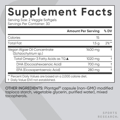 Sports Research Vegan Omega-3 Fish Oil Alternative from Algae Oil - Highest Levels of Vegan DHA & EPA Fatty Acids | Non-GMO Tested & Vegan Certified - 60 Veggie Softgels (Carrageenan Free) - dailyvitalstore