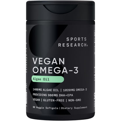 Sports Research Vegan Omega-3 Fish Oil Alternative from Algae Oil - Highest Levels of Vegan DHA & EPA Fatty Acids | Non-GMO Tested & Vegan Certified - 60 Veggie Softgels (Carrageenan Free) - dailyvitalstore