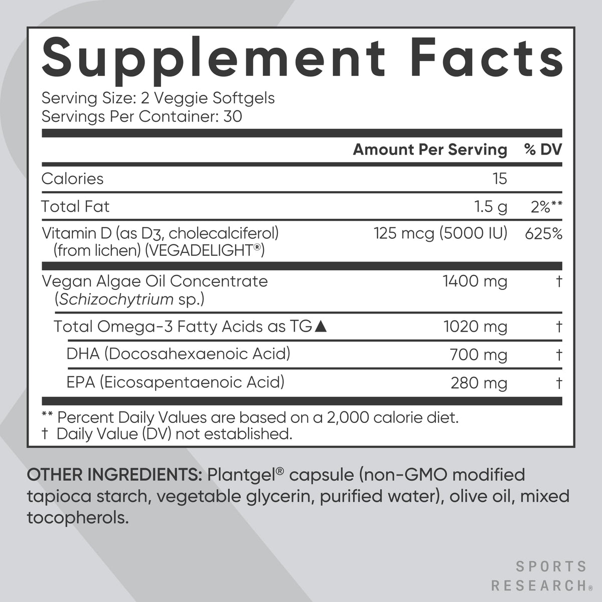 Sports Research Vegan Omega-3 with Vitamin D3 Softgels - 1020mg Omega-3 & 5000iu D3 Supplement - Fish Oil Alternative with Vitamin D Plant-Based Support from Algae Oil - 60 Veggie Softgels for Adults - dailyvitalstore