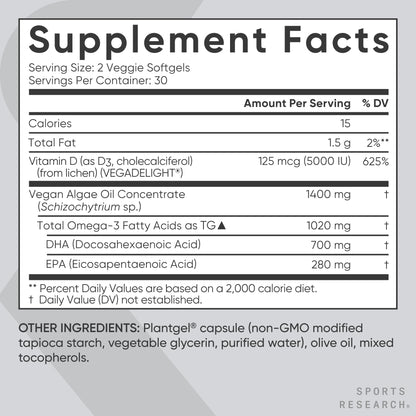 Sports Research Vegan Omega-3 with Vitamin D3 Softgels - 1020mg Omega-3 & 5000iu D3 Supplement - Fish Oil Alternative with Vitamin D Plant-Based Support from Algae Oil - 60 Veggie Softgels for Adults - dailyvitalstore