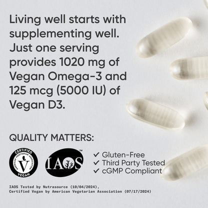 Sports Research Vegan Omega-3 with Vitamin D3 Softgels - 1020mg Omega-3 & 5000iu D3 Supplement - Fish Oil Alternative with Vitamin D Plant-Based Support from Algae Oil - 60 Veggie Softgels for Adults - dailyvitalstore