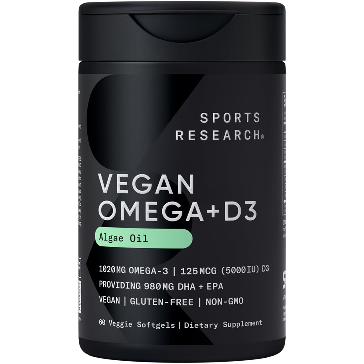 Sports Research Vegan Omega-3 with Vitamin D3 Softgels - 1020mg Omega-3 & 5000iu D3 Supplement - Fish Oil Alternative with Vitamin D Plant-Based Support from Algae Oil - 60 Veggie Softgels for Adults - dailyvitalstore