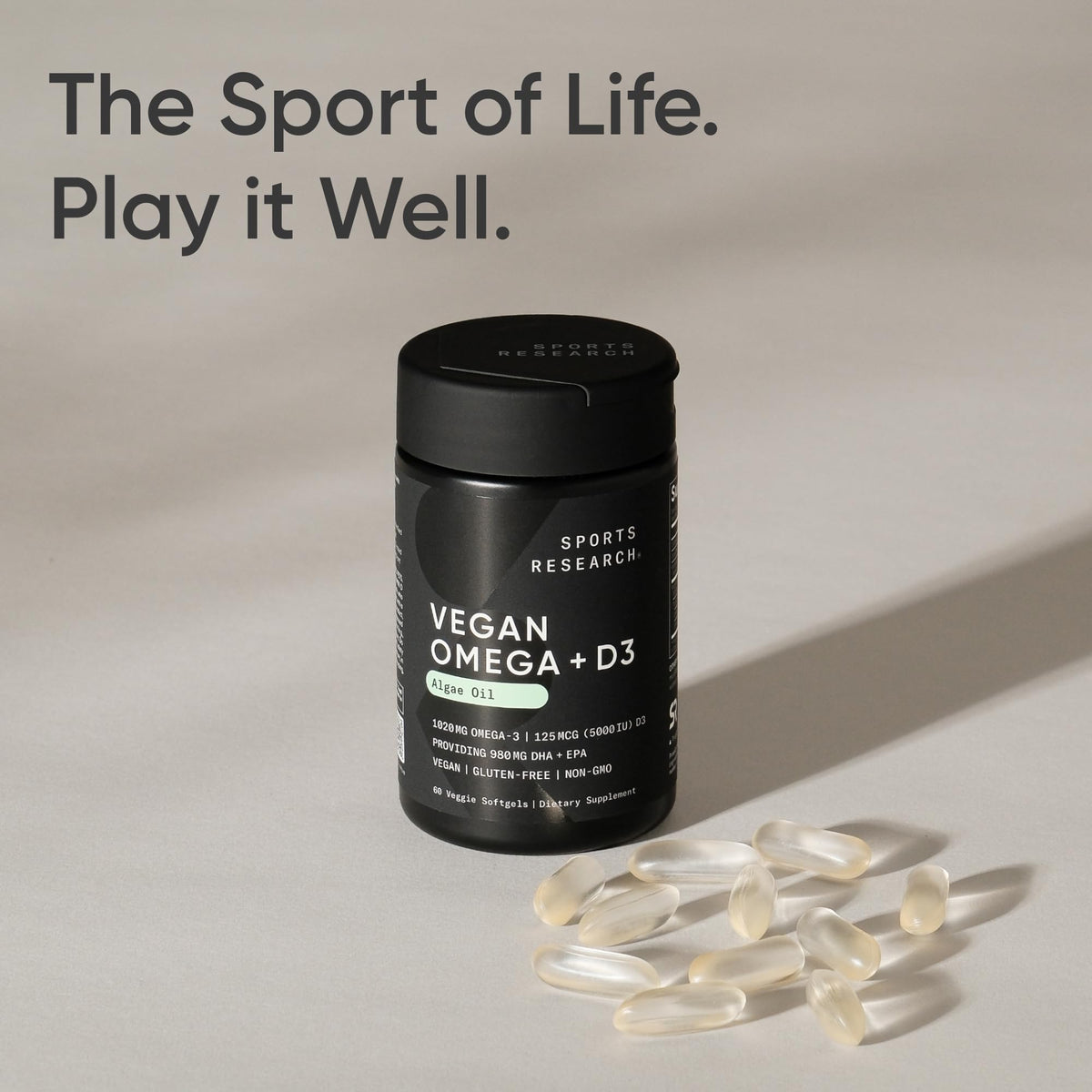 Sports Research Vegan Omega-3 with Vitamin D3 Softgels - 1020mg Omega-3 & 5000iu D3 Supplement - Fish Oil Alternative with Vitamin D Plant-Based Support from Algae Oil - 60 Veggie Softgels for Adults - dailyvitalstore