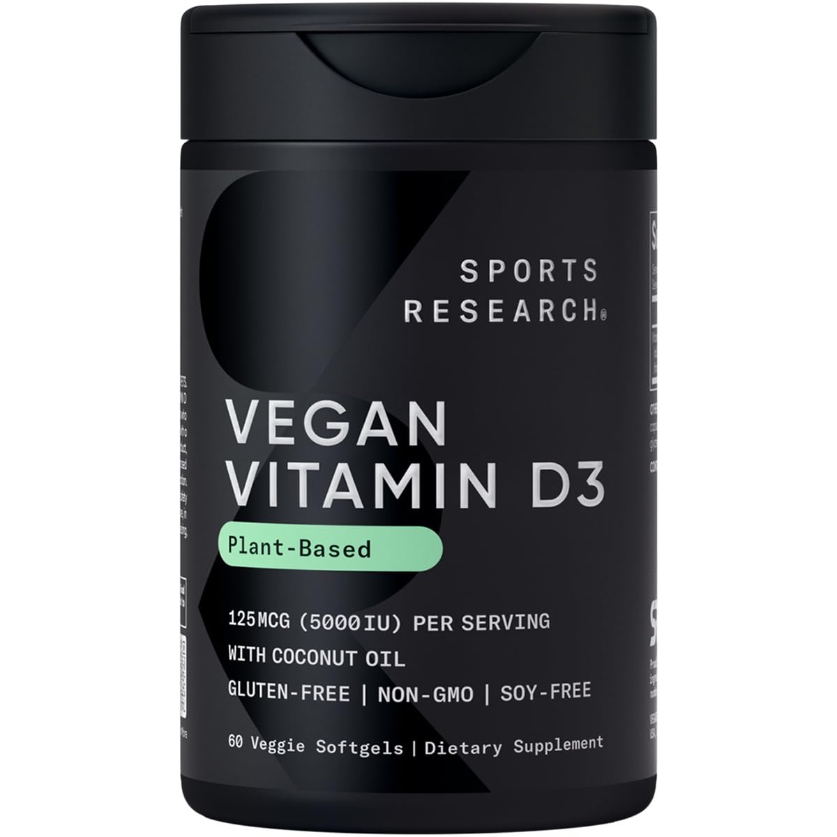 Sports Research Vegan Vitamin D3 5000IU (125 mcg) with Coconut Oil | 100% Plant-Based Vitamin D for Bone, Joint & Immune Support | Carrageenan Free, Vegan Certified & Non-GMO Verified (60 Softgels) - dailyvitalstore