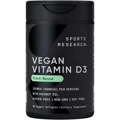 Sports Research Vegan Vitamin D3 5000IU (125 mcg) with Coconut Oil | 100% Plant-Based Vitamin D for Bone, Joint & Immune Support | Carrageenan Free, Vegan Certified & Non-GMO Verified (60 Softgels) - dailyvitalstore