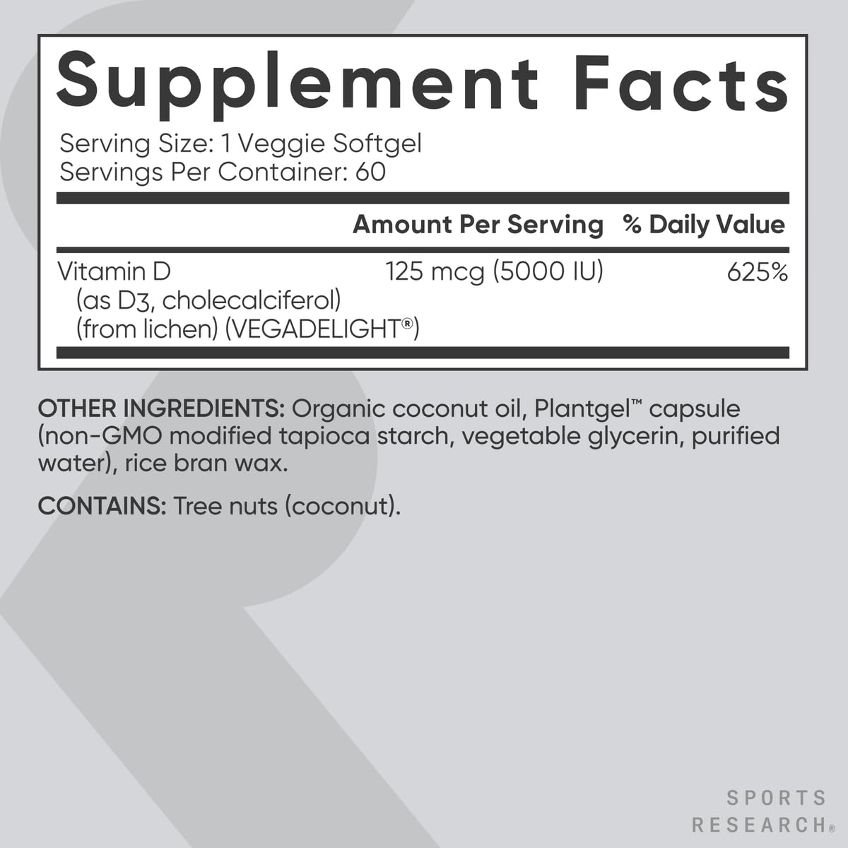 Sports Research Vegan Vitamin D3 5000IU (125 mcg) with Coconut Oil | 100% Plant-Based Vitamin D for Bone, Joint & Immune Support | Carrageenan Free, Vegan Certified & Non-GMO Verified (60 Softgels) - dailyvitalstore