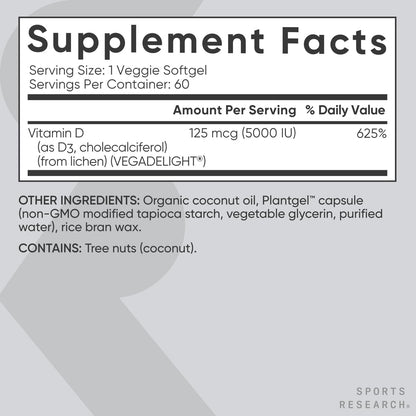 Sports Research Vegan Vitamin D3 5000IU (125 mcg) with Coconut Oil | 100% Plant-Based Vitamin D for Bone, Joint & Immune Support | Carrageenan Free, Vegan Certified & Non-GMO Verified (60 Softgels) - dailyvitalstore