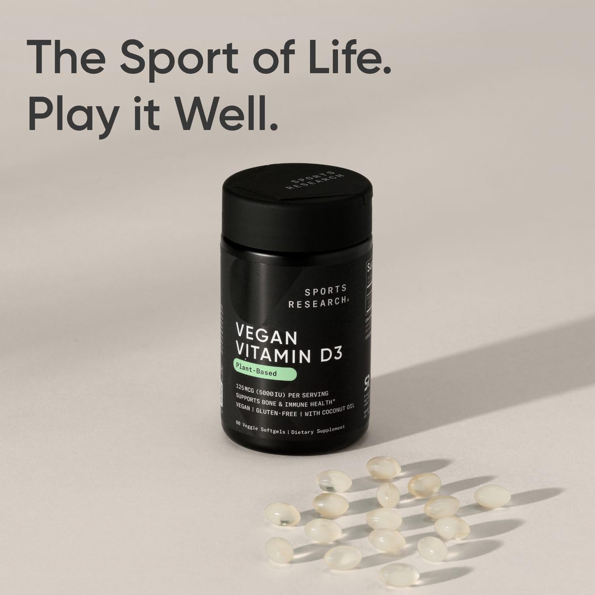 Sports Research Vegan Vitamin D3 5000IU (125 mcg) with Coconut Oil | 100% Plant-Based Vitamin D for Bone, Joint & Immune Support | Carrageenan Free, Vegan Certified & Non-GMO Verified (60 Softgels) - dailyvitalstore