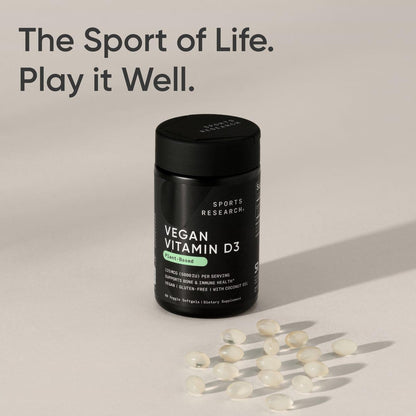 Sports Research Vegan Vitamin D3 5000IU (125 mcg) with Coconut Oil | 100% Plant-Based Vitamin D for Bone, Joint & Immune Support | Carrageenan Free, Vegan Certified & Non-GMO Verified (60 Softgels) - dailyvitalstore