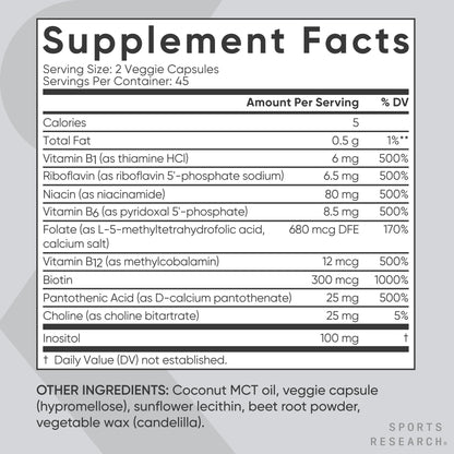 Sports Research Vitamin B-Complex - Full Spectrum of B Vitamins - 90 Liquid Veggie Capsules - dailyvitalstore