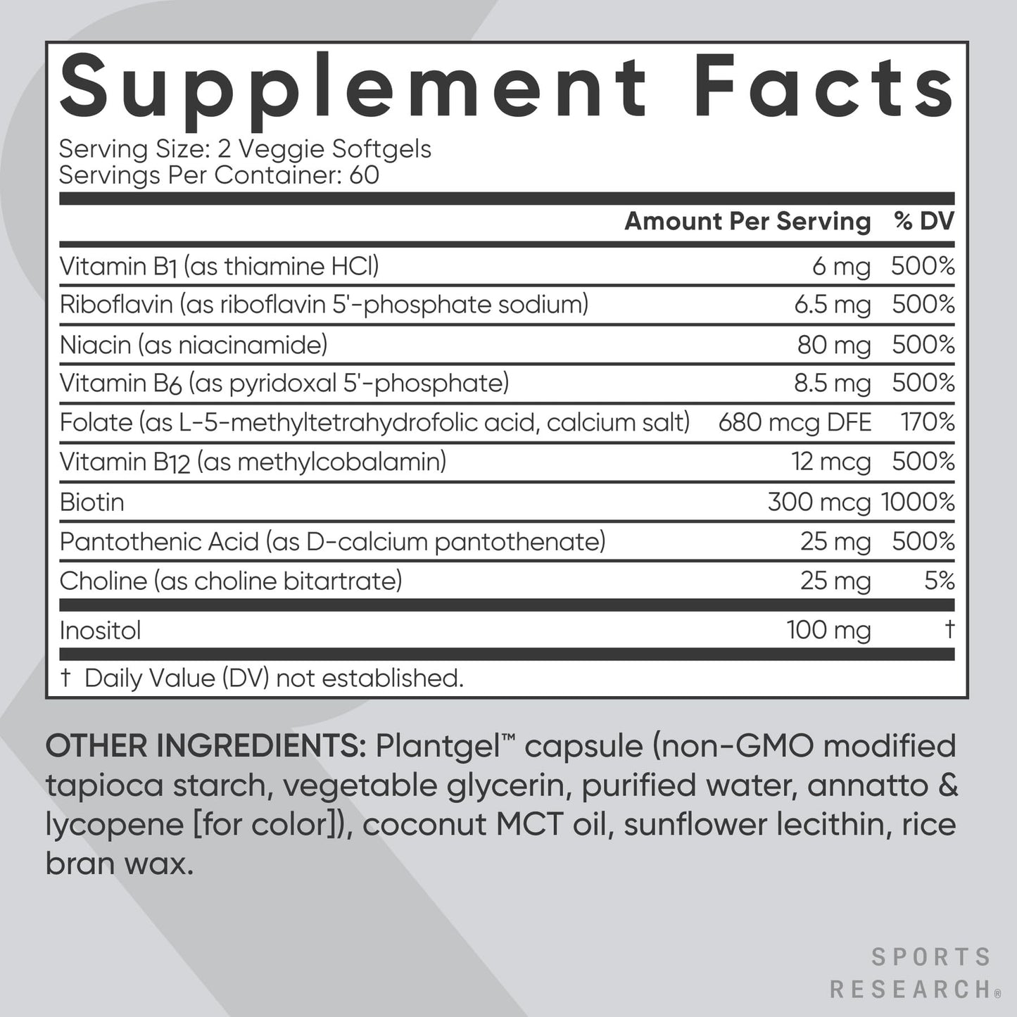 Sports Research® Vitamin B-Complex - Full Spectrum of B Vitamins with Methylated B12 & Folate - Gluten Free · Plant-Based · Non-GMO · Vegan-Friendly Formula - 120 Veggie Softgels - dailyvitalstore