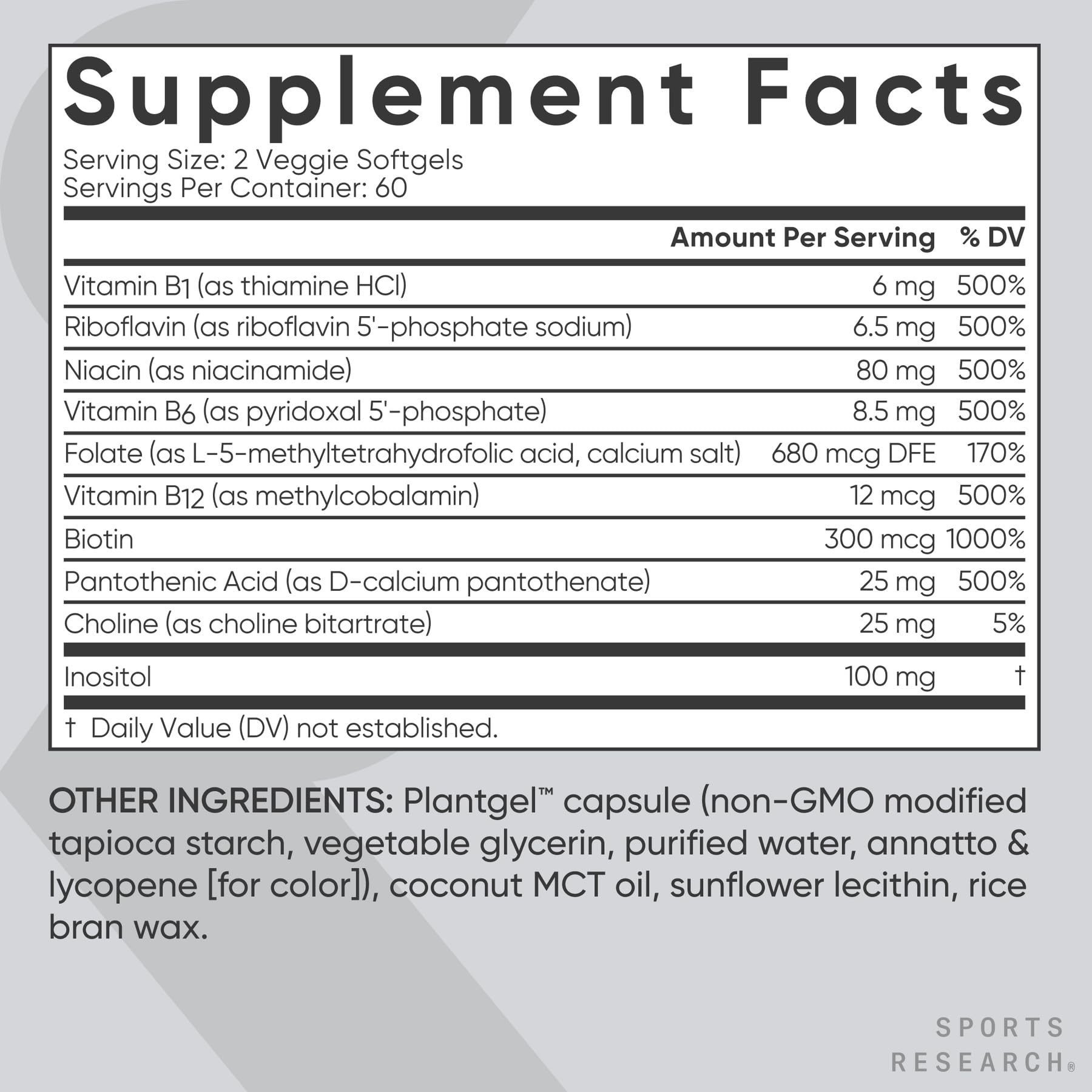 Sports Research® Vitamin B-Complex - Full Spectrum of B Vitamins with Methylated B12 & Folate - Gluten Free · Plant-Based · Non-GMO · Vegan-Friendly Formula - 120 Veggie Softgels - dailyvitalstore