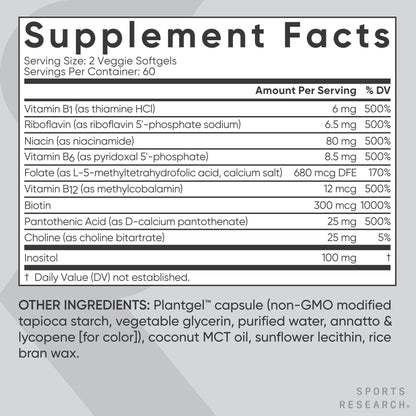 Sports Research® Vitamin B-Complex - Full Spectrum of B Vitamins with Methylated B12 & Folate - Gluten Free · Plant-Based · Non-GMO · Vegan-Friendly Formula - 120 Veggie Softgels - dailyvitalstore