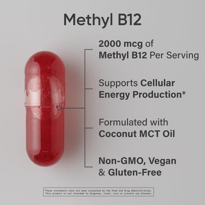 Sports Research® Vitamin B12 as Methylcobalamin 2000mcg - Plant Based B12 w/Coconut MCT Oil for Energy Metabolism Support - Vegan Certified · Non-GMO · Gluten Free - 120 Liquid Caps - dailyvitalstore