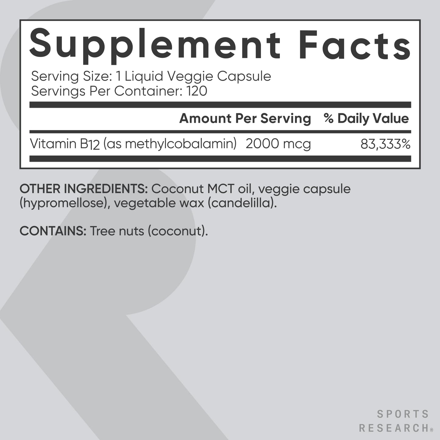 Sports Research® Vitamin B12 as Methylcobalamin 2000mcg - Plant Based B12 w/Coconut MCT Oil for Energy Metabolism Support - Vegan Certified · Non-GMO · Gluten Free - 120 Liquid Caps - dailyvitalstore