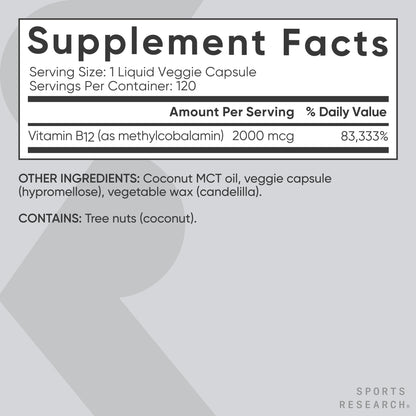 Sports Research® Vitamin B12 as Methylcobalamin 2000mcg - Plant Based B12 w/Coconut MCT Oil for Energy Metabolism Support - Vegan Certified · Non-GMO · Gluten Free - 120 Liquid Caps - dailyvitalstore