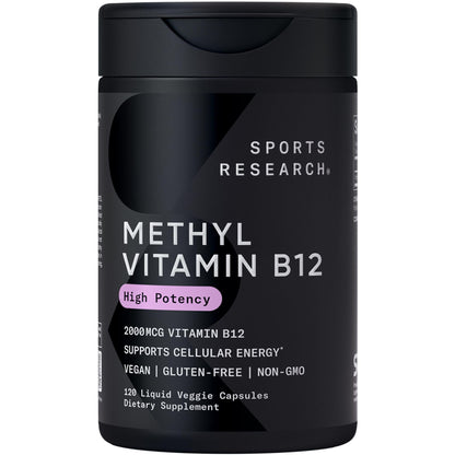 Sports Research® Vitamin B12 as Methylcobalamin 2000mcg - Plant Based B12 w/Coconut MCT Oil for Energy Metabolism Support - Vegan Certified · Non-GMO · Gluten Free - 120 Liquid Caps - dailyvitalstore