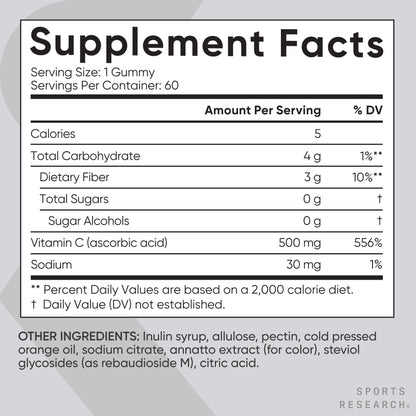 Sports Research­® Vitamin C Gummies | 500 mg Vitamin C | Sugar Free, Gelatin Free, Vegan Certified & Non-GMO Tested | Immune & Antioxidant Support 60 Gummies - dailyvitalstore