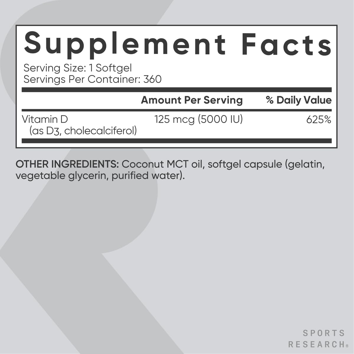 Sports Research Vitamin D3 5000 IU with Coconut MCT Oil - High Potency Vitamin D Supplement for Immune & Bone Support - Non-GMO Verified, Gluten & Soy Free – 125mcg, 360 Liquid Softgels - dailyvitalstore