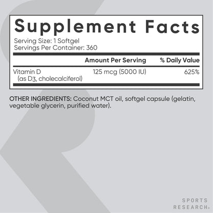 Sports Research Vitamin D3 5000 IU with Coconut MCT Oil - High Potency Vitamin D Supplement for Immune & Bone Support - Non-GMO Verified, Gluten & Soy Free – 125mcg, 360 Liquid Softgels - dailyvitalstore