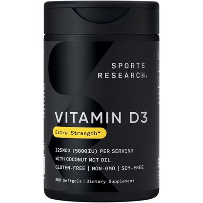 Sports Research Vitamin D3 5000 IU with Coconut MCT Oil - High Potency Vitamin D Supplement for Immune & Bone Support - Non-GMO Verified, Gluten & Soy Free – 125mcg, 360 Liquid Softgels - dailyvitalstore