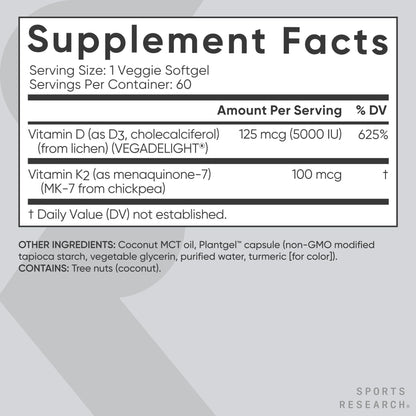 Sports Research® Vitamin D3 + K2 w/ Coconut Oil - Vegan Vitamin D 5000iu & Mk7 Vitamin K 100mcg for Bone & Immune Support - Vegan Certified · Non-GMO · Soy Free - 60 Softgels - dailyvitalstore