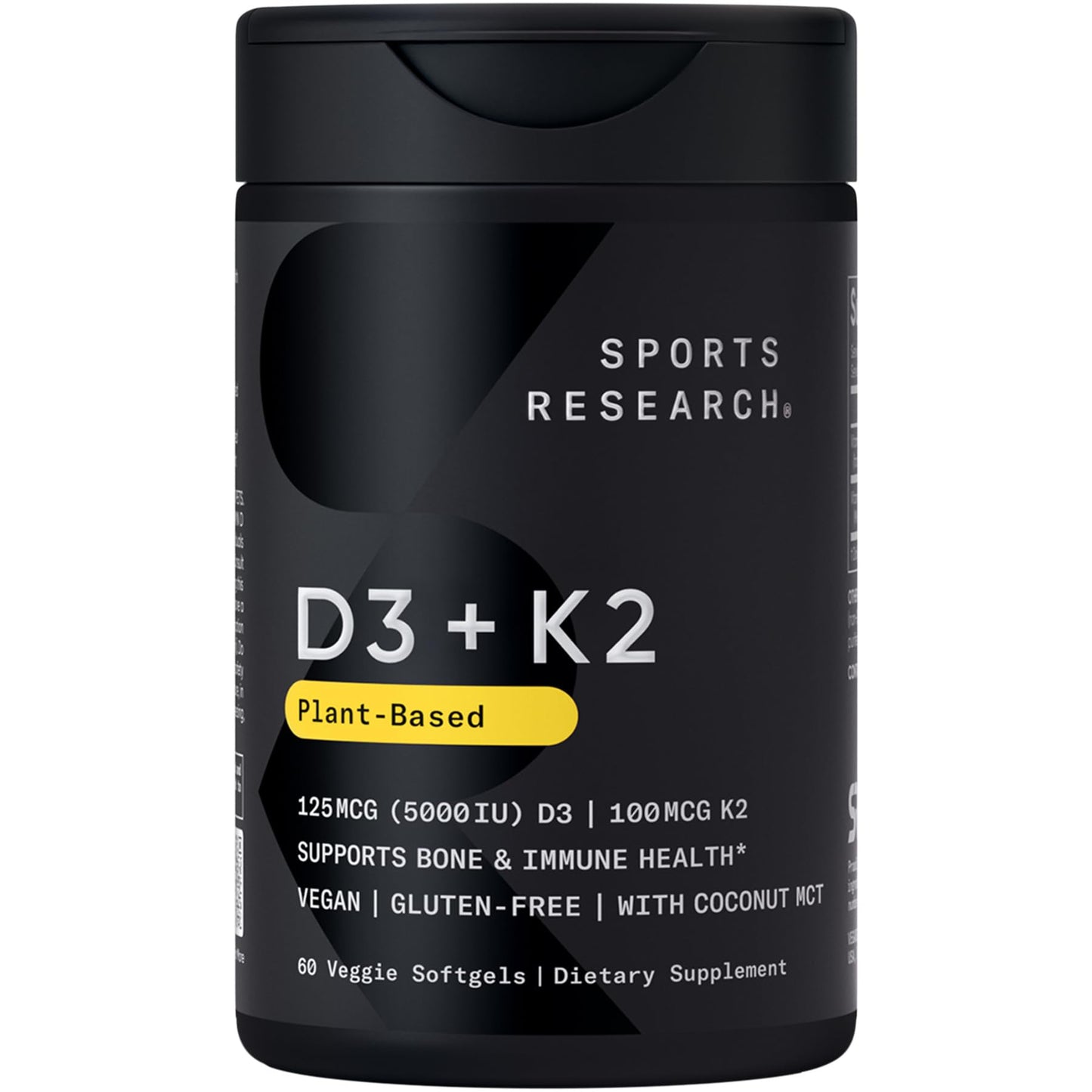 Sports Research® Vitamin D3 + K2 w/ Coconut Oil - Vegan Vitamin D 5000iu & Mk7 Vitamin K 100mcg for Bone & Immune Support - Vegan Certified · Non-GMO · Soy Free - 60 Softgels - dailyvitalstore