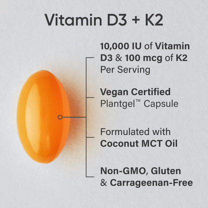 Sports Research® Vitamin D3 + K2 with 10,000iu of Plant-Based D3 & 100mcg of Vitamin K2 as MK-7 | Non-GMO Verified & Vegan Certified 60ct - dailyvitalstore