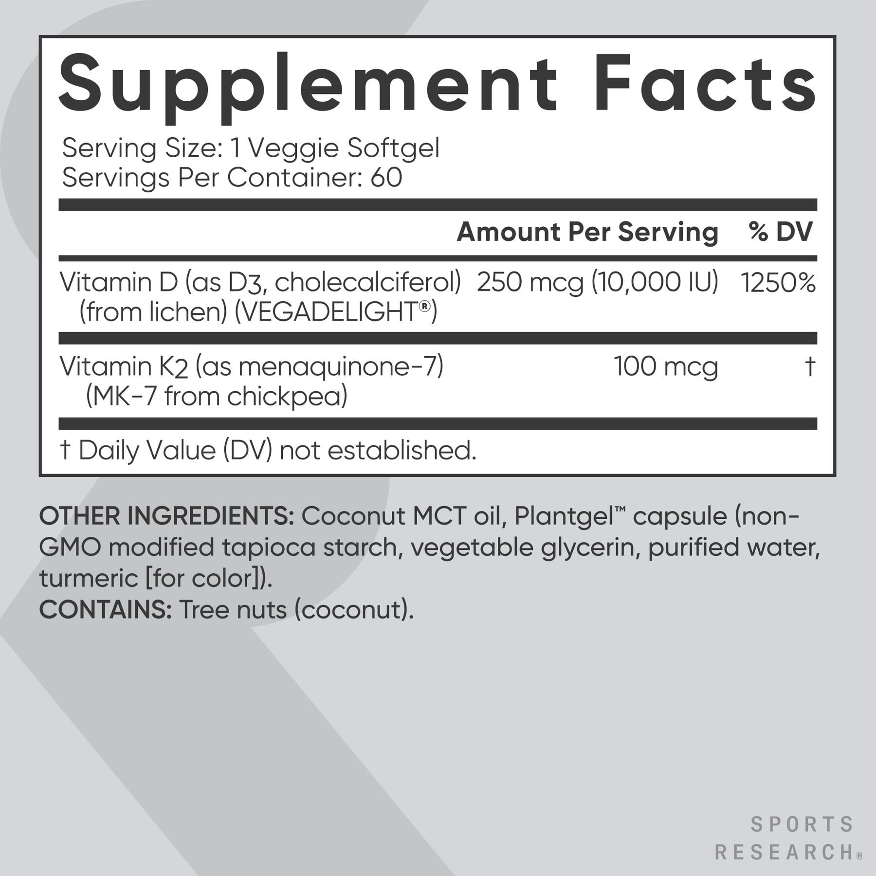 Sports Research® Vitamin D3 + K2 with 10,000iu of Plant-Based D3 & 100mcg of Vitamin K2 as MK-7 | Non-GMO Verified & Vegan Certified 60ct - dailyvitalstore