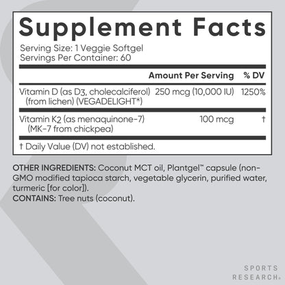 Sports Research® Vitamin D3 + K2 with 10,000iu of Plant-Based D3 & 100mcg of Vitamin K2 as MK-7 | Non-GMO Verified & Vegan Certified 60ct - dailyvitalstore