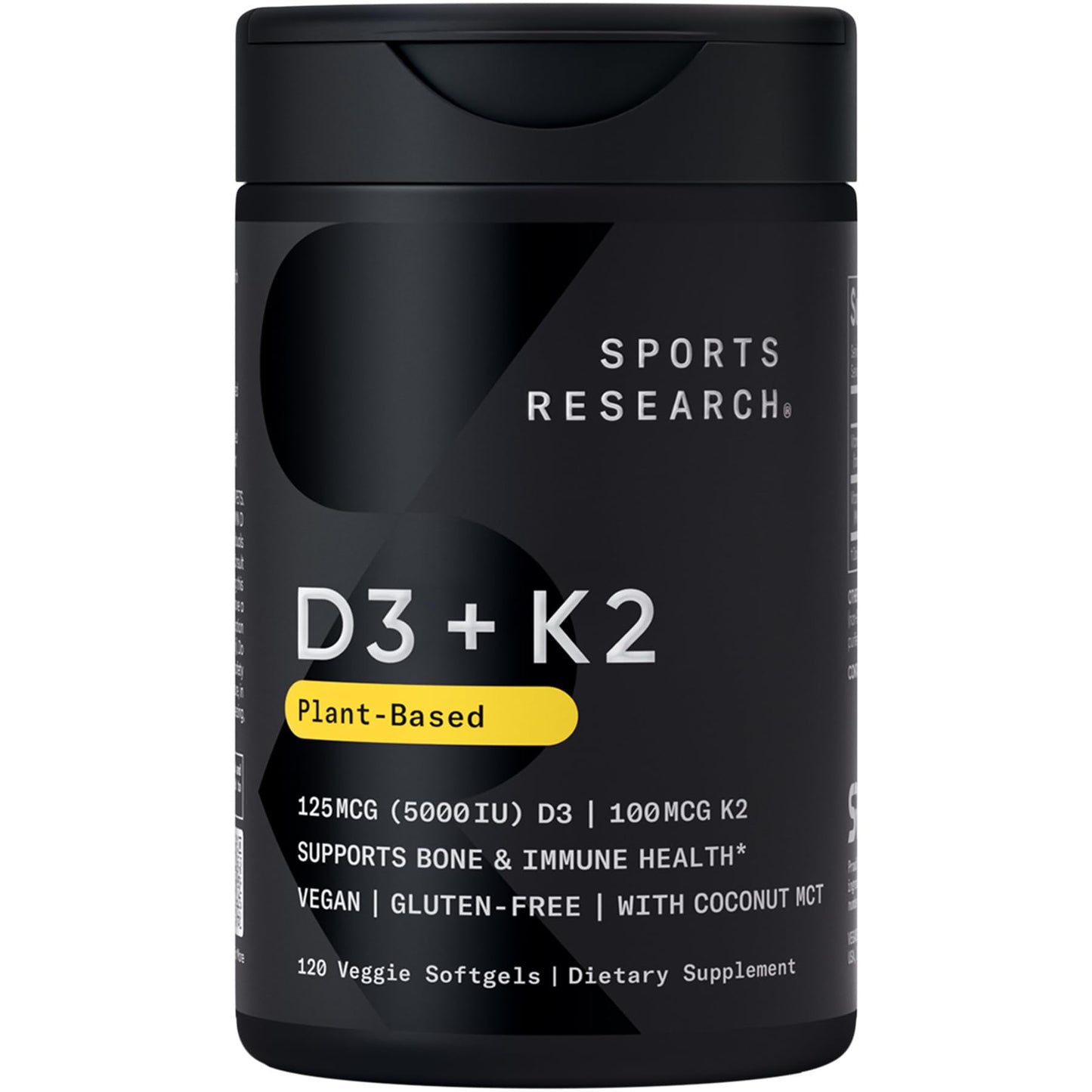 Sports Research Vitamin D3 with K2 Softgels - Plant Based K2 & Vegan D3 5000iu with Coconut MCT Oil - Vegan Certified, Soy & Gluten Free - 120 Count - dailyvitalstore
