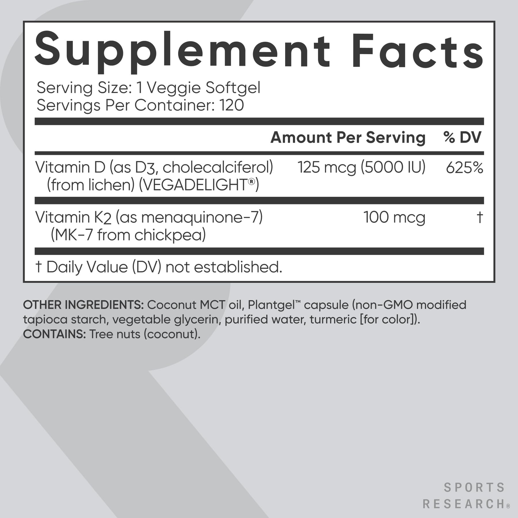 Sports Research Vitamin D3 with K2 Softgels - Plant Based K2 & Vegan D3 5000iu with Coconut MCT Oil - Vegan Certified, Soy & Gluten Free - 120 Count - dailyvitalstore
