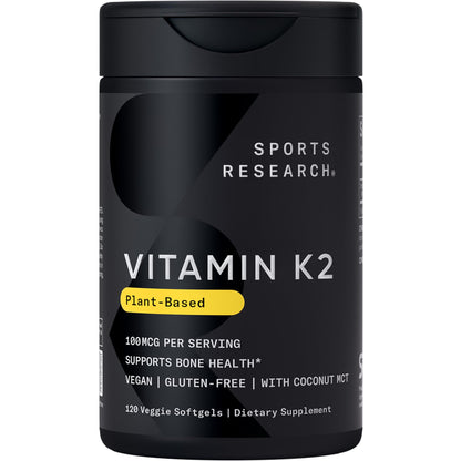Sports Research Vitamin K2 as MK-7 100mcg with Coconut MCT Oil - 120 Veggie Softgels (4 Month Supply) Vegan Certified, Non-GMO Verified, Gluten & Soy Free - dailyvitalstore