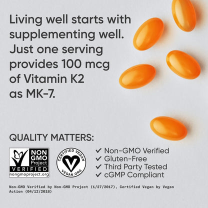 Sports Research Vitamin K2 as MK-7 100mcg with Coconut MCT Oil - 120 Veggie Softgels (4 Month Supply) Vegan Certified, Non-GMO Verified, Gluten & Soy Free - dailyvitalstore