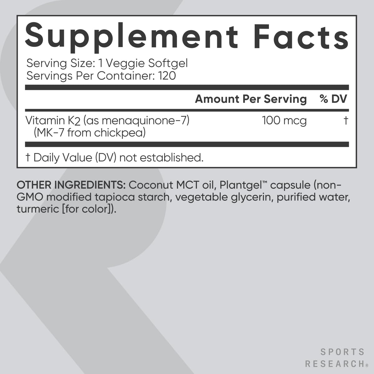 Sports Research Vitamin K2 as MK-7 100mcg with Coconut MCT Oil - 120 Veggie Softgels (4 Month Supply) Vegan Certified, Non-GMO Verified, Gluten & Soy Free - dailyvitalstore