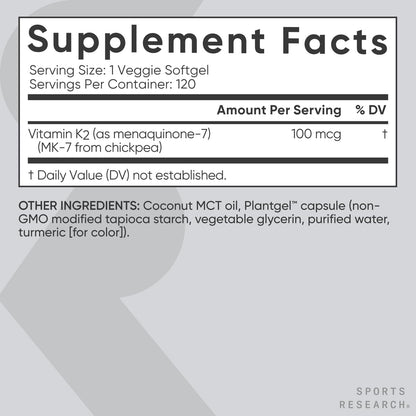 Sports Research Vitamin K2 as MK-7 100mcg with Coconut MCT Oil - 120 Veggie Softgels (4 Month Supply) Vegan Certified, Non-GMO Verified, Gluten & Soy Free - dailyvitalstore