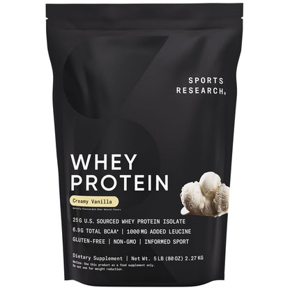 Sports Research Whey Protein Isolate - Sports Nutrition Protein Powder 25g per Serving - 5lb Bag Whey Protein - Vanilla Flavor - Bulk Protein Powder, 56 Servings - dailyvitalstore